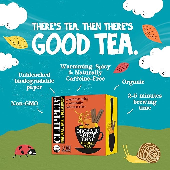 1 Clipper Tea Spicy Chai Herbal Tea – Caffeine Free, USDA Organic, Great Hot or Iced – Warming, Spicy, Natural, Fair & Delicious – 200 Tea Bags