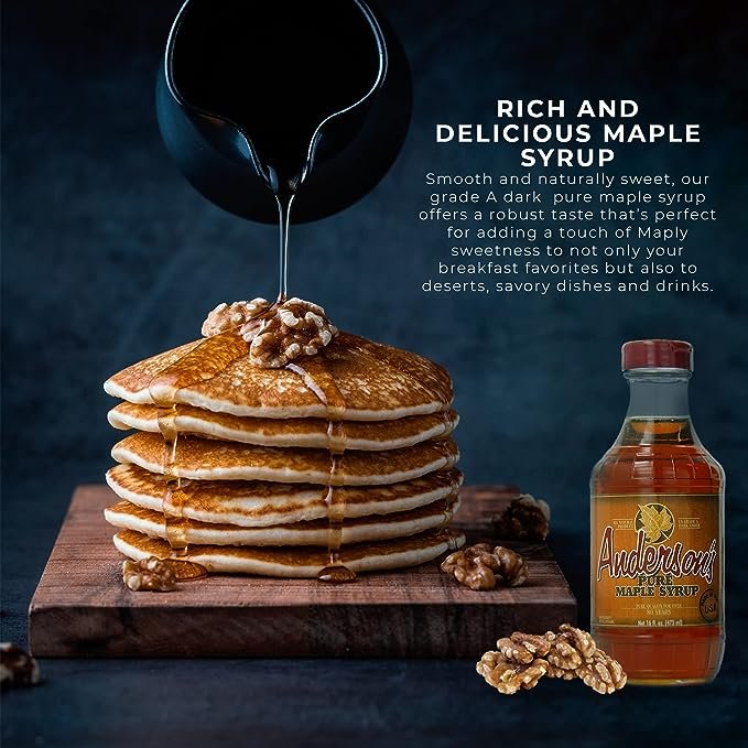 1 Anderson's Maple Syrup - 16 oz. Glass Bottle - Grade A Dark and Flavorful, All-Natural Sweetener, Ideal for Breakfast Staples like Pancakes, Waffles, and French Toast