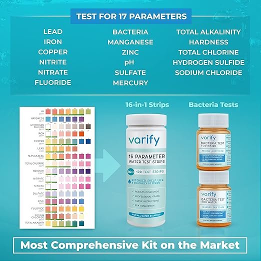 2 Premium Water Test Kit Plus - Comprehensive Home Water Quality Analysis - Includes 100 Strips + 2 Bacteria Tests - Ideal for Well and Tap Water - Convenient Screening for Lead, Bacteria, Hardness, Fluoride, pH, Iron, Copper, and other substances!