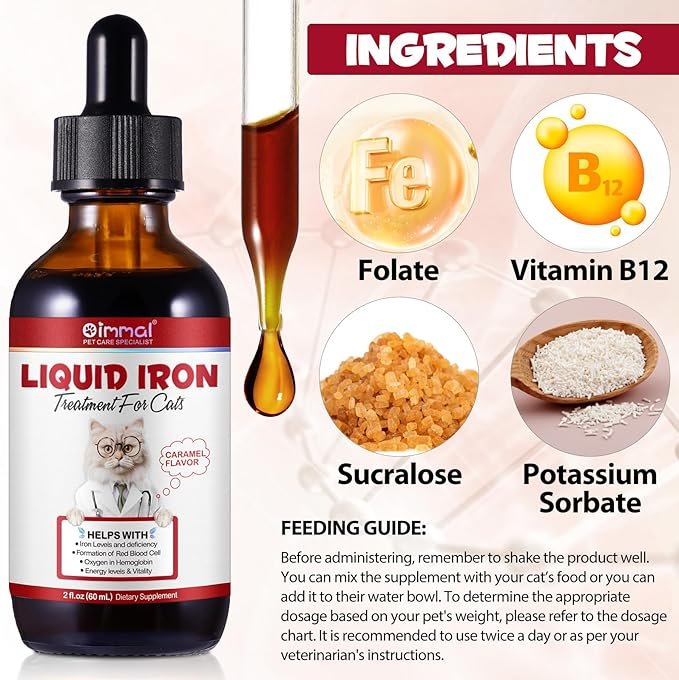 3 Liquid Iron Supplements for Cats,60ML,LiquiI Iron with Vitamin C and B12,Supports Anemia, Low Enery Levels and Lethargy,Promotes Blood Health, Helps with Formation of Red Blood Cell