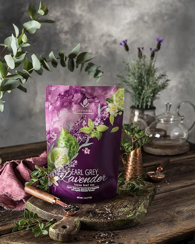 4 Gardenika Organic Earl Grey Loose Leaf Tea with Lavender and Bergamot Oil, Caffeinated Black Leaves, Kosher, No Natural or Artificial Flavors - 4 oz