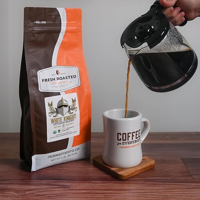 2 Fresh Roasted Coffee, Organic White Knight, 2 lb (32 oz), Light Roast, Fair Trade Kosher, Whole Bean