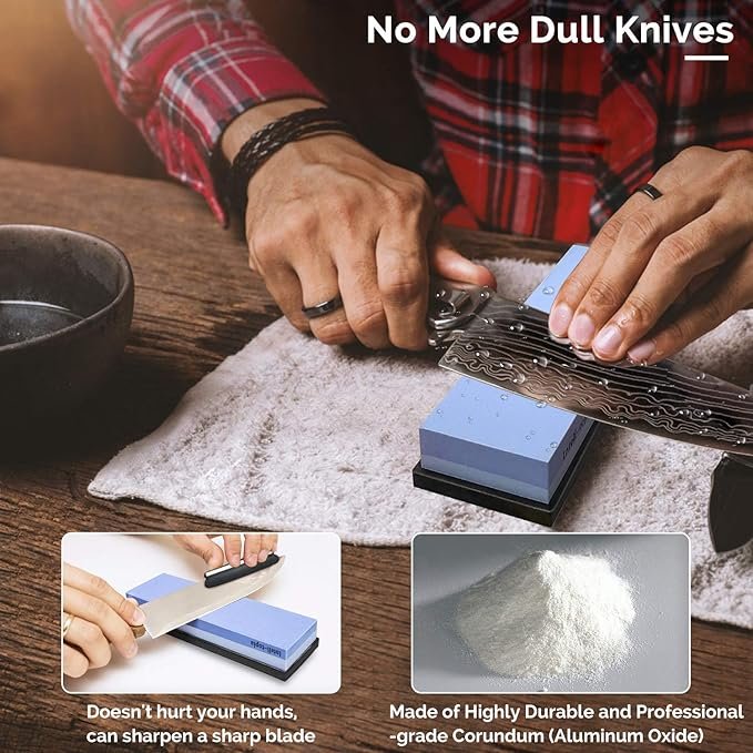 1 Knife Sharpening Stone Kit – Two-sided Abrasive Block 400/1000 3000/8000 Top-grade Blade Sharpener with Buffing Strip, Refurbishing Block, Sustainable Base, 3 Skid-proof Pads & Inclination Assistance