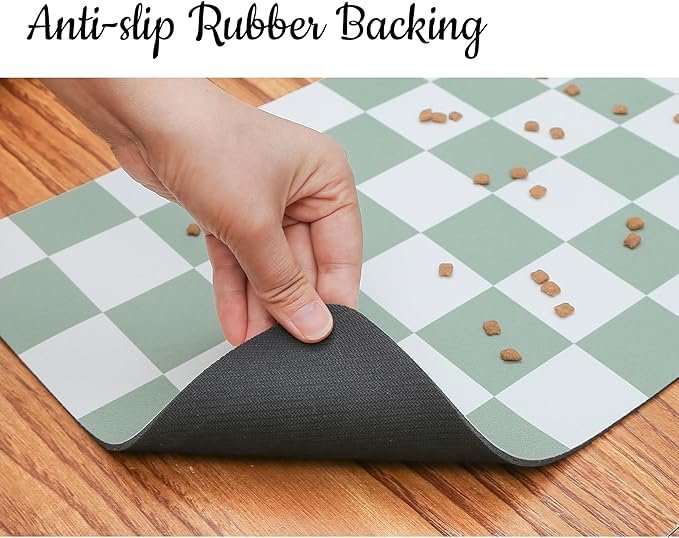 4 Ralxion Checkered Dog Feeding Mat, Absorbent Mats for Dog Food and Water Bowl, Dispenser, Retro Modern Aesthetic Sage Green Checkerboard Pet Placemat for Dogs, Cats, Puppy Accessories, 12" X19”