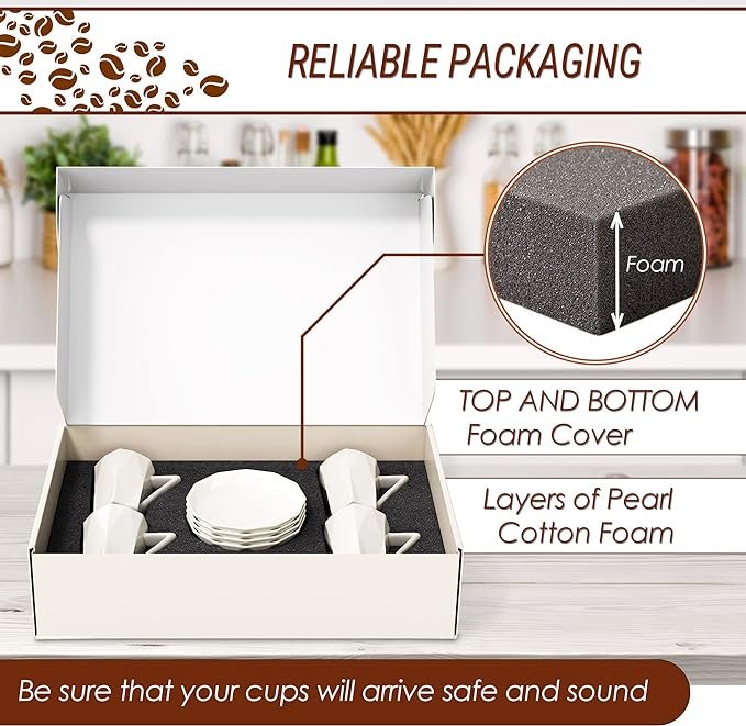 2 Ivory White Ceramic Espresso Cups Set of 4, Including Saucers - Includes a Complimentary Poster Displaying Various Espresso Drink Recipes - Contemporary Dishwasher Safe Coffee Cups - 3.5 oz Capacity Each - Presented in a Gift Box, Suitable for Any Event