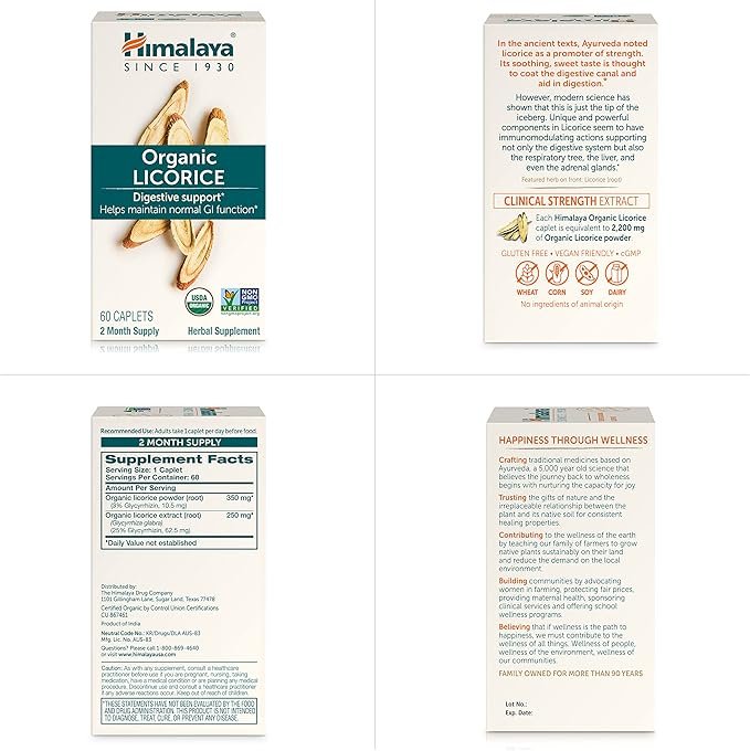5 Himalaya Organic Licorice Root Herbal Supplement, Non-DGL, Occasional Heartburn and Indigestion Relief, Upset Stomach Relief, Digestive Support, Non-GMO, USDA Organic, Vegan, 60 Plant-Based Caplets