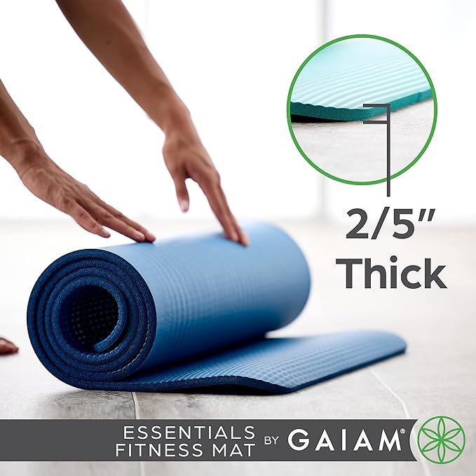 1 Gaiam Essentials Thick Yoga Mat Fitness & Exercise Mat with Easy-Cinch Yoga Mat Carrier Strap, 72"L x 24"W x 2/5 Inch Thick