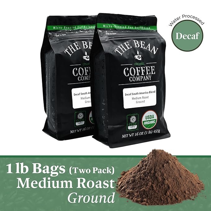 1 The Bean Organic Coffee Company Water Processed DECAF South America Blend, Medium Roast, Ground Coffee, 16-Ounce Bags (Pack of 2), Café Molido Tostado Orgánico descafeinado