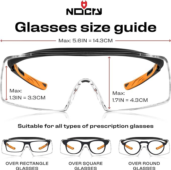 4 Over-Prescription Safety Glasses with Wraparound Lenses - Protective Eyewear for Lab, Traveling, with Anti-Scratch Coating and UV400 Protection. ANSI Z87 & OSHA Certified. Available in Black & Orange Frames.
