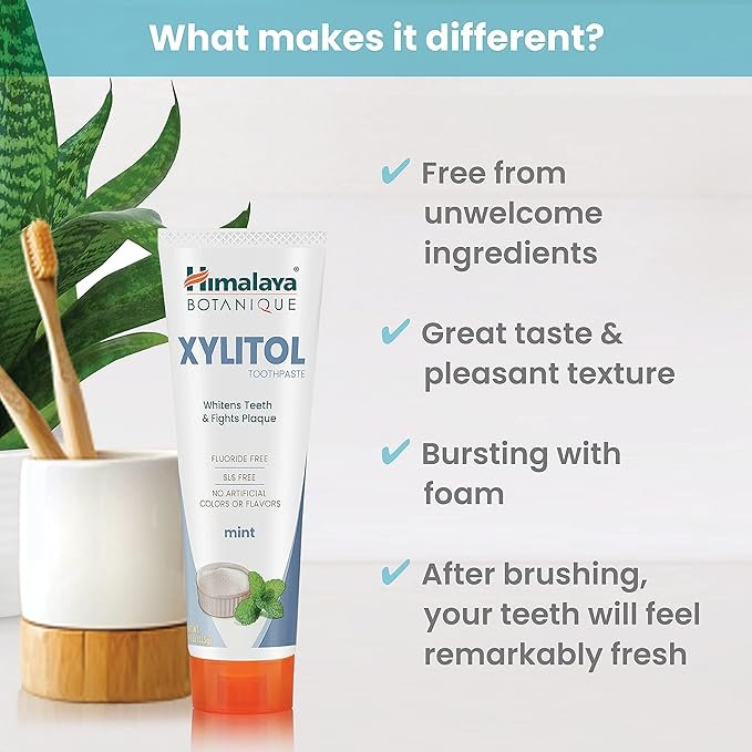 5 Himalaya Botanique Whitening Antiplaque Toothpaste with Xylitol, Fluoride Free, for Plaque Reduction & Gentle Whitening, 4 oz