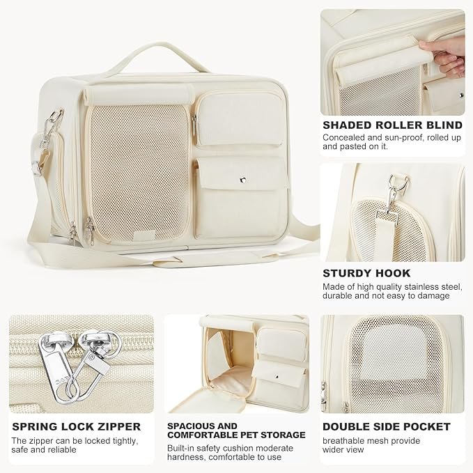 1 Soft Pet Cat Carrier for Cats 20 LBs,Small Dong Carrier,Airline Approved Pet Carrier,Cat Backpack Carrier with Safety Lock Zipper,Collapsible,with 3 Ventilated Windows(Beige)