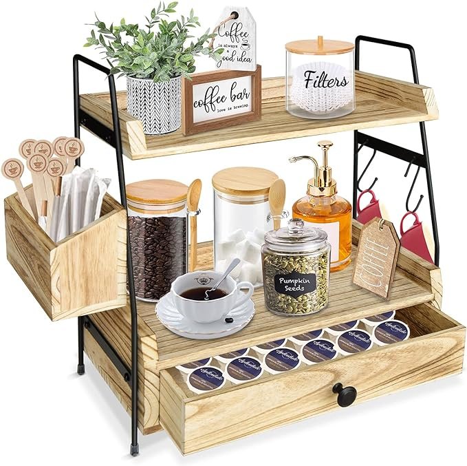 1 Brown Coffee Bar Organizer and Kitchen Counter Shelf