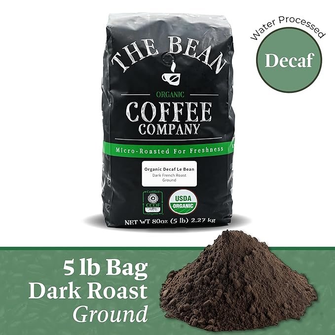 1 The Bean Organic Coffee Company Water Processed DECAF Le Bean, Dark French Roast, Ground Coffee, 5-Pound Bag, Café Molido Tostado Orgánico descafeinado