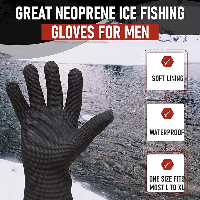 1 Waterproof neoprene gloves for men, ideal for fishing activities on ice. The gloves' textured grip palm offers excellent control, and the soft lining ensures comfort. Suitable for fishing in wet conditions, the gloves are designed to fit most hand sizes, from L to XL.