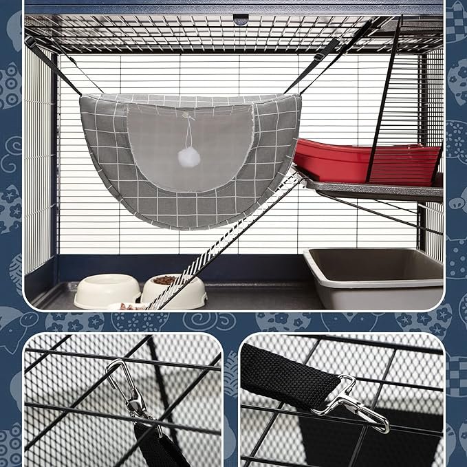 3 2 Pieces Cat Cage Hammock Hanging Pet Bed Double Layer Soft Plush Hanging Pet Bed Comfortable Hammock Bed for Indoor Cats Kitten Ferret Hamster Rabbit or Small Animals, 2 Styles (Cat and Plaid)