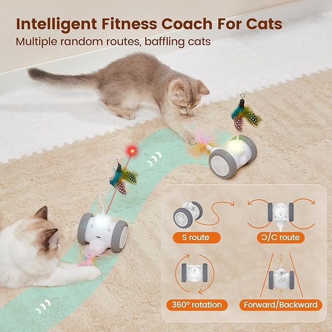 1 Potaroma Cat Laser Toys Interactive 3in1, Rechargeable, Automatic Moving Wheels, 2 Feathers, Indoor Kitten Exercise Kicker Toys, Assorted Colors Feathers for All Breeds