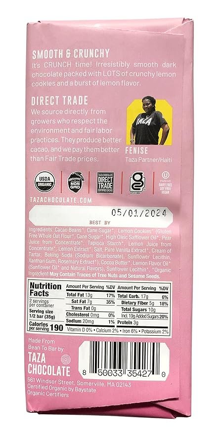 2 Taza Chocolate Organic Smooth & Crunchy Bars 70% Stone Ground, Lemon Cookie Crunch 2.5 Ounces (10 Count), Vegan