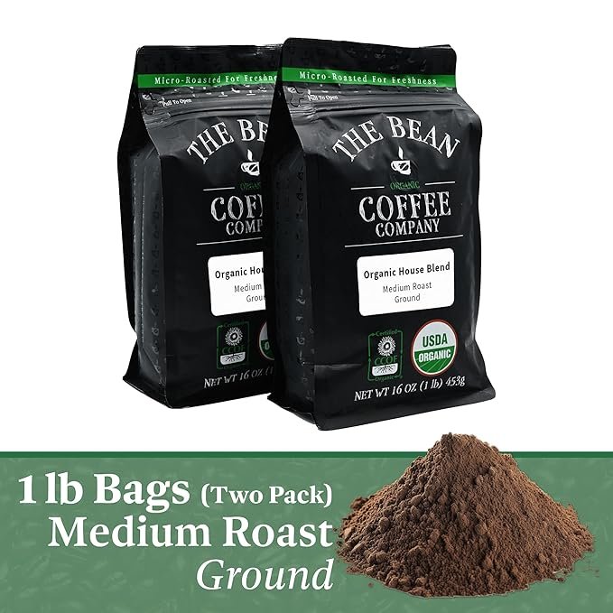 1 The Bean Organic Coffee Company House Blend, Medium Roast, Ground Coffee, 16-Ounce Bags (Pack of 2), Café molido tostado orgánico