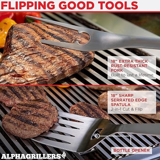1 Grill-Master Tool Set: Sturdy BBQ Essentials - Essential 4-Piece Grill Kit with Spatula, Fork, Brush, and Tongs - Perfect Gifts for Father - Robust and Long-lasting Stainless Steel Grill Tools