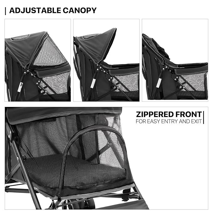 3 MoNiBloom 4 Wheels Pet Stroller, Easy-Fold Puppy Cage Jogger Stroller with Sun Cover, Pad and Rear Storage Bag, Breathable and Visible Mesh for Small/Medium Pets up to 22 lbs, Balck