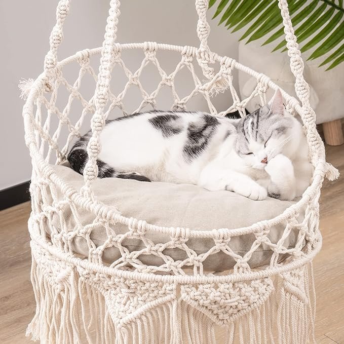 1 MEWOOFUN Macrame Cat Hammock, Hanging Cat Bed Hammock Cat Swing for Indoor Cats, Boho Cat Swing Bed for Sleeping, Playing, Climbing, and Lounging (Beige)