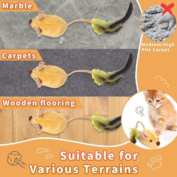 4 Interactive Cat Toy Mouse with LED Lights, Moving Automatic Chirping Mouse Toy Squeaky with Feather Tail, for All Breeds Cat Indoor/Outdoor Boredom Exercise, USB Rechargeable (Yellow)