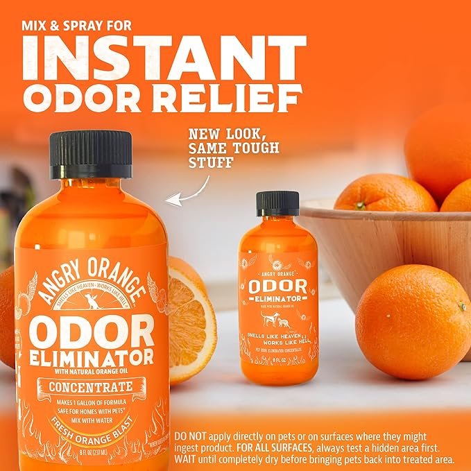 1 Angry Orange Pet Odor Eliminator for Home - 8oz Dog and Cat Pee Smell Remover for Carpet, Grass, Tile and Furniture - Citrus Concentrate, Makes 128oz of Liquid
