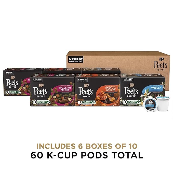 1 Peet's Coffee K-Cup Pods - Variety Pack, 60 Count (6 Boxes of 10 Pods), Vanilla Cinnamon, Hazelnut Mocha, Caramel Brûlée Flavors