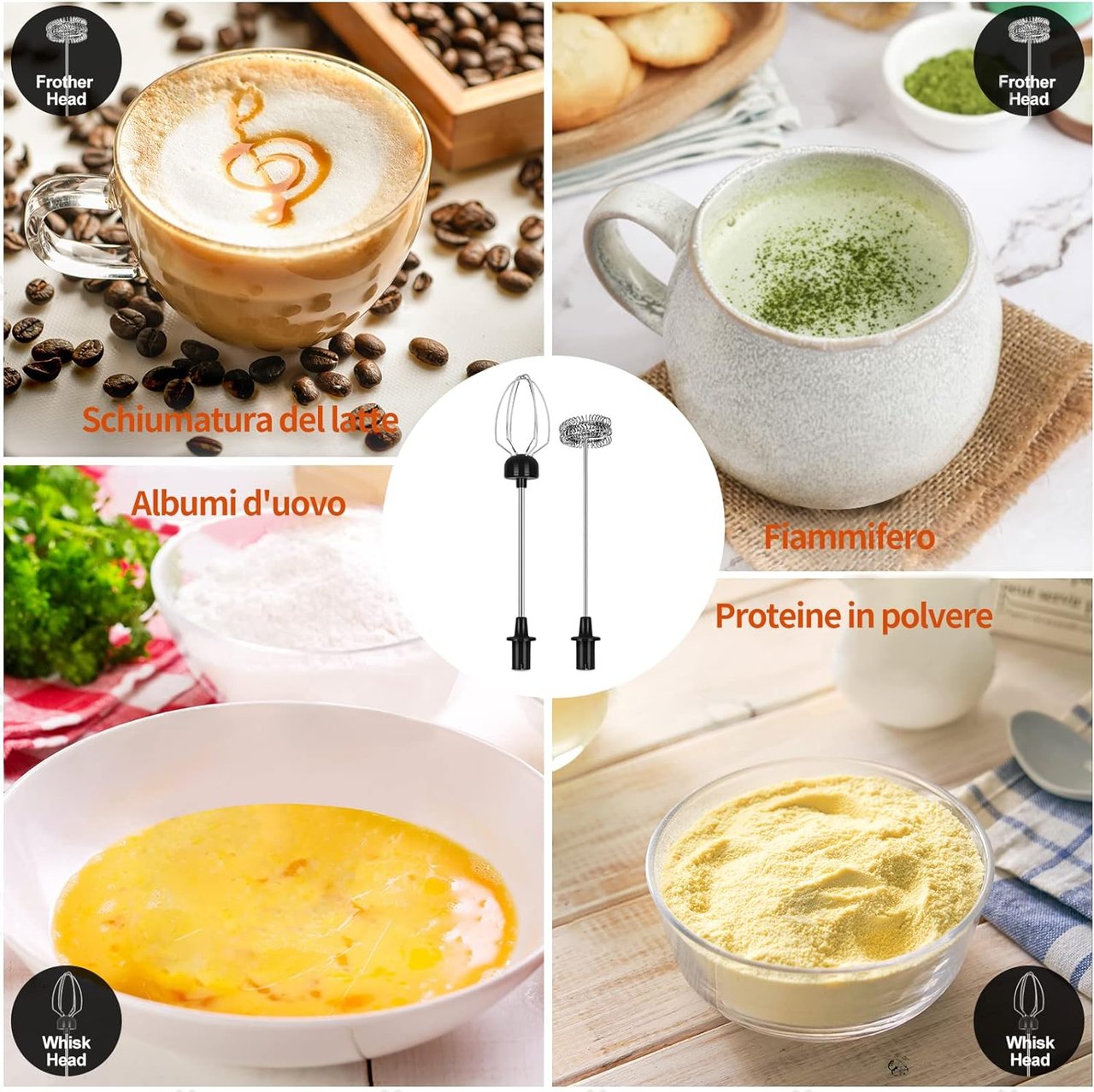 4 FoodVille 2-in-1 Electric Milk Frother, Handheld Foam Maker & Balloon Whisk with Rechargeable Battery and Multiple Speeds, Ideal for Creating Fluffy Egg Whites & Cream, Frothing Latte, Cappuccino