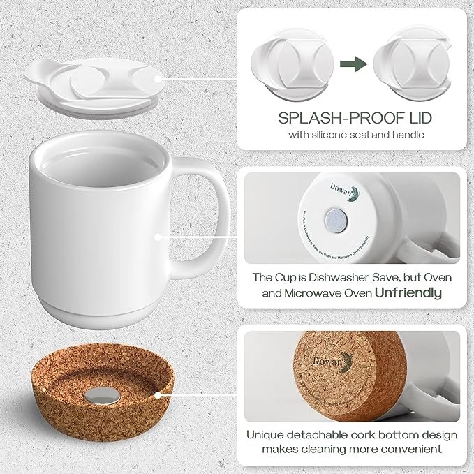 2 15 Ounce Ceramic Coffee Mug Set, Cork Bottom and Lid, Large Coffee Mug with Handle, Matte White, Perfect Gift for Father, Men, Women