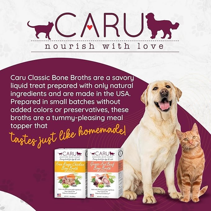 4 Caru Free Range Chicken Bone Broth For Dogs And Cats, Moistens Dry Food Or Pour Over Freeze Dried Raw Food, Grain And Gluten Free, Non-Gmo Ingredients (1.1 Lbs)