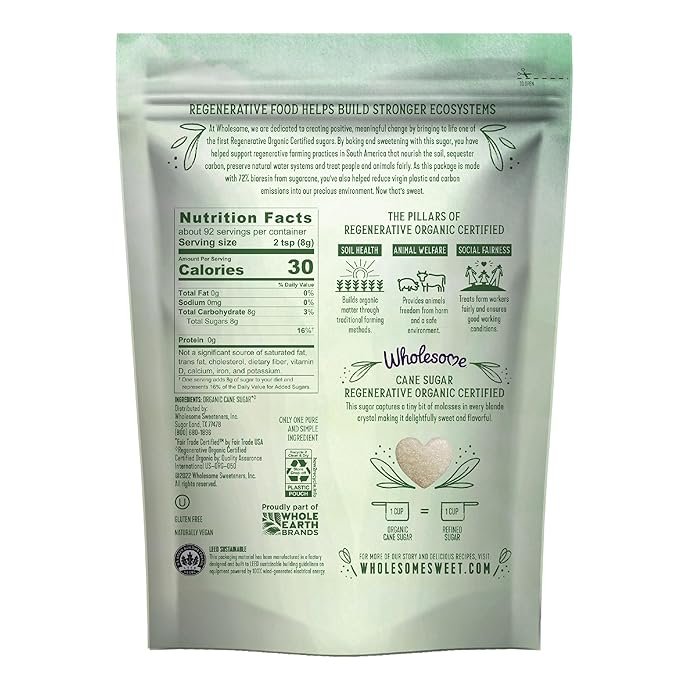 1 Wholesome Sweeteners 26-Ounce Regenerative Organic Certified, Cane Sugar, Fair Trade, Non GMO, Gluten Free & Vegan, for Baking and Sweetening, 1 Pack