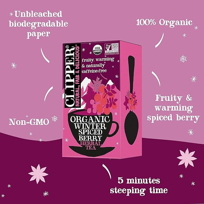 1 Clipper Tea, Winter Spiced Berry, Organic Tea with Cinnamon, Licorice Root, and Hibiscus, Plant Based Herbal Tea, Caffeine Free British Tea, 6 Pack, 120 Unbleached Tea Bags
