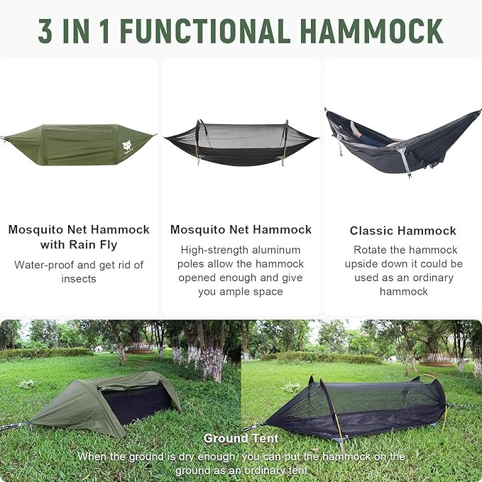 1 Night Cat Camping Hammock Tent with Mosquito Net and Rain Fly 1-2 Persons Backpacking Bivvy Ground Tent with Tree Strap Swing Heavy Rain Waterproof Lightweight 440lbs