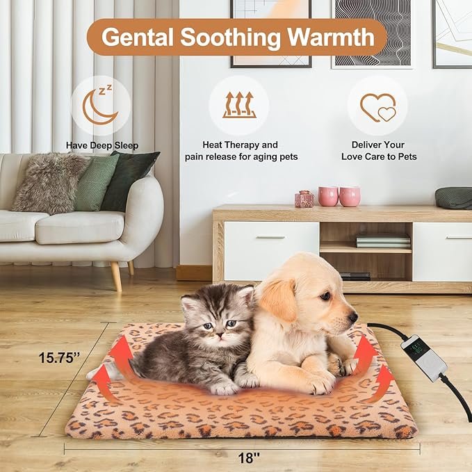 2 DirexTyk Pet Heating Pad for Dog Cat Temperature Adjustable Dog Cat Bed Warmer Heated Pet Mat House Pad with Timer Waterproof Warming Mat for Puppy Kitten (15.75 * 18'', Beige)