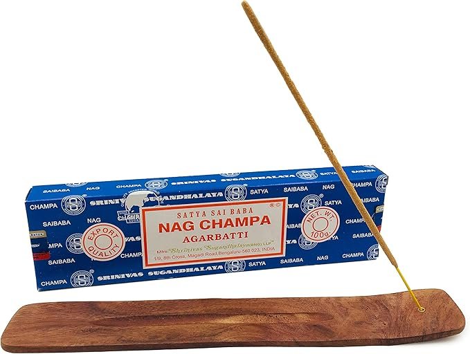 2 Authentic Satya Sai Baba Nag Champa Incense Sticks with Wooden Incense Holder - 100 Gram Box