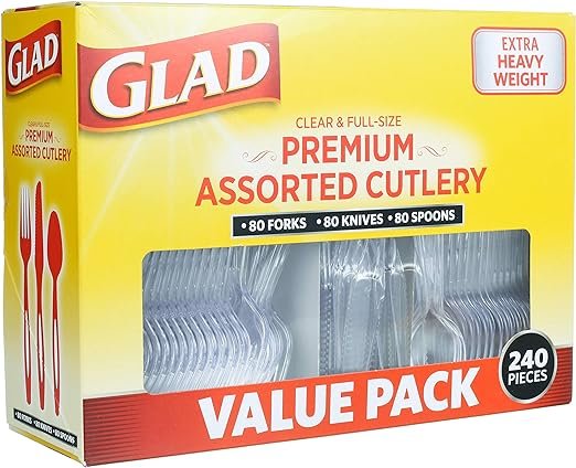 1 Glad Disposable Plastic Cutlery, Assorted Set | Clear Extra Heavy Duty forks, Knives, And Spoons | Disposable Party Utensils | 240 Piece Set of Durable and Sturdy Cutlery