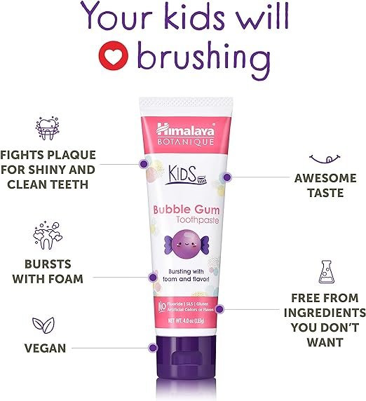 2 Himalaya Botanique Kids Toothpaste, Bubble Gum Flavor to Reduce Plaque and Keep Kids Brushing Longer, Fluoride Free, 4 oz