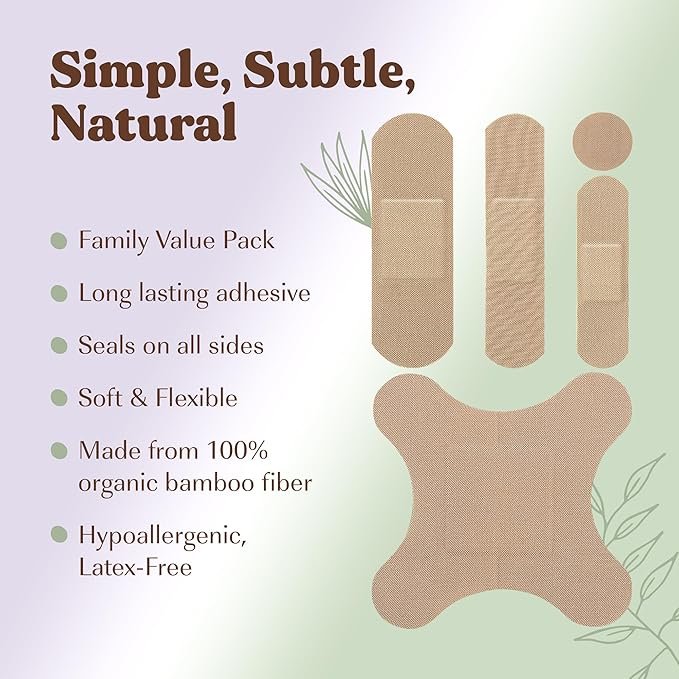 2 FEBU Eco-Friendly Organic Bamboo Fabric Bandages | PFAS Free Bandages for Scrapes & Cuts | Flexible Fabric Bandages | Latex Free Bandages | Compostable | 200 Count Bulk Variety Pack