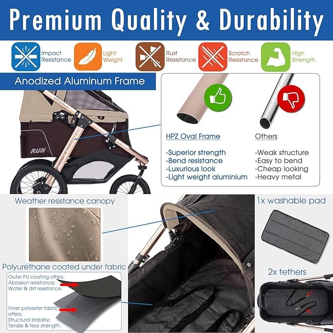 1 HPZ Pet Rover Run Performance Jogging Sports Stroller with Comfort Rubber Wheels/Zipper-Less Entry/1-Hand Quick Fold/Aluminum Frame for Small/Medium Dogs, Cats and Pets (Taupe)