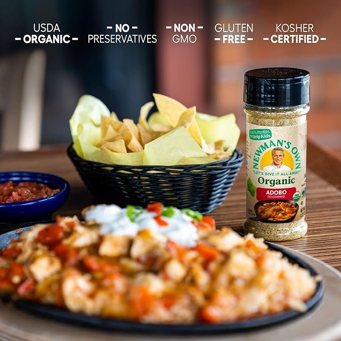 1 Newman's Own Organic Adobo Seasoning; Perfect as All Purpose Seasoning; USDA Certified Organic; No Preservatives; Non-GMO; Gluten-Free; 100% profits to help kids in need; 4.32 Oz Bottle.