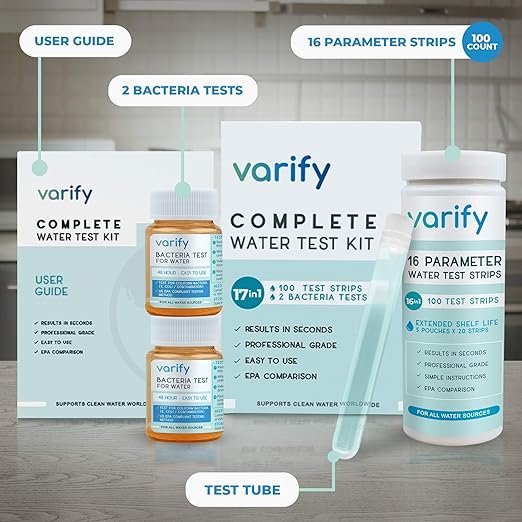 1 Premium Water Test Kit Plus - Comprehensive Home Water Quality Analysis - Includes 100 Strips + 2 Bacteria Tests - Ideal for Well and Tap Water - Convenient Screening for Lead, Bacteria, Hardness, Fluoride, pH, Iron, Copper, and other substances!