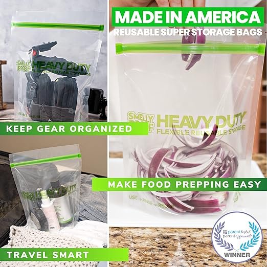 1 Reusable Food Storage Bags with Stand-Up Feature by Smelly Proof, Made in the USA, Free from Harmful Chemicals, Ideal for Freezing and Dishwashing, Secure Triple Zipper, Transparent and Durable 5-mils Large Quart Size 8.5 x 10 - Pack of 5.