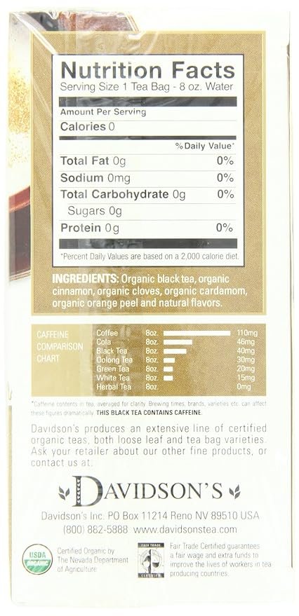 5 Davidson's Organics, Classic Chai, 25-count Tea Bags, Pack of 6