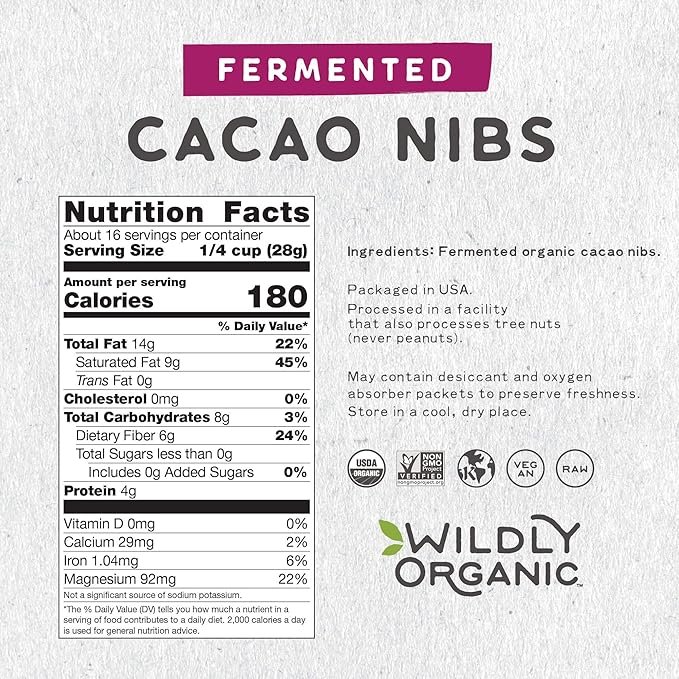 1 Wildly Organic Fermented Cacao Nibs 16 Oz, 1 lb Bag - Organic, Non-Alkalized, Minimally Processed, Raw, Non-GMO, Kosher, Vegan, Premium Rich Chocolate Flavor | Perfect in Smoothies, Yogurt, Oatmeal, Granola, Baking, Fruits, & Ice Cream