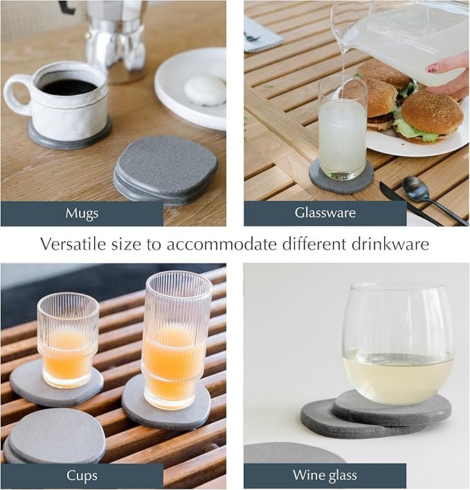 1 DORAI Home Stone Coaster Set - 4 Stone Coasters with Absorbent Diatomaceous Earth for Instant Drying Round Coasters for Drinks Modern Home Decor - Slate Stone