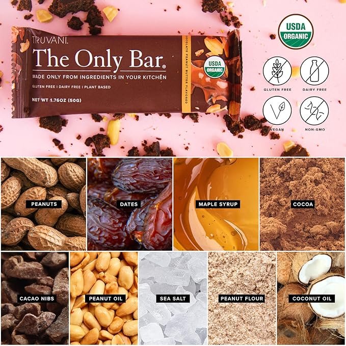 2 Truvani Plant Based Snack Bars | 7g Protein | 12 Pack Chocolate Peanut Butter | Organic | Vegan | The Only Bar | Dairy, Soy, and Gluten Free | Individually Wrapped