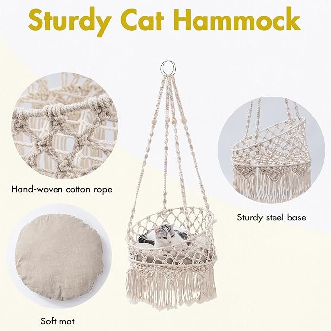 3 MEWOOFUN Macrame Cat Hammock, Hanging Cat Bed Hammock Cat Swing for Indoor Cats, Boho Cat Swing Bed for Sleeping, Playing, Climbing, and Lounging (Beige)