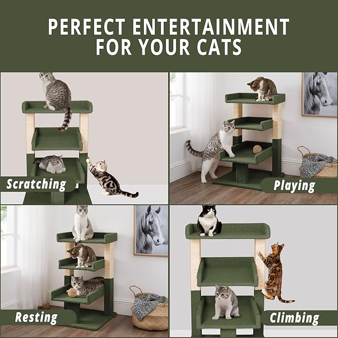 2 Naomi Home Nala Cat Tree for Large Cats, Cat Activity with Scratching Post, Cat Tower for Large Cats, 3 Level Cat Play Perch, Cat Climbing Tower, Cat Tree for Indoor Cats Multi-Level Cat, Green