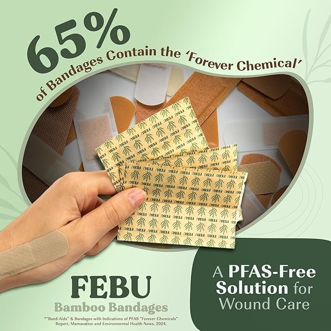 1 FEBU Eco-Friendly Large Organic Bamboo Bandages | PFAS Free Bandages for Scrapes & Cuts | Flexible Fabric Bandages | Latex Free Bandages | Fully Compostable | 20 Count Assorted Large Bandages